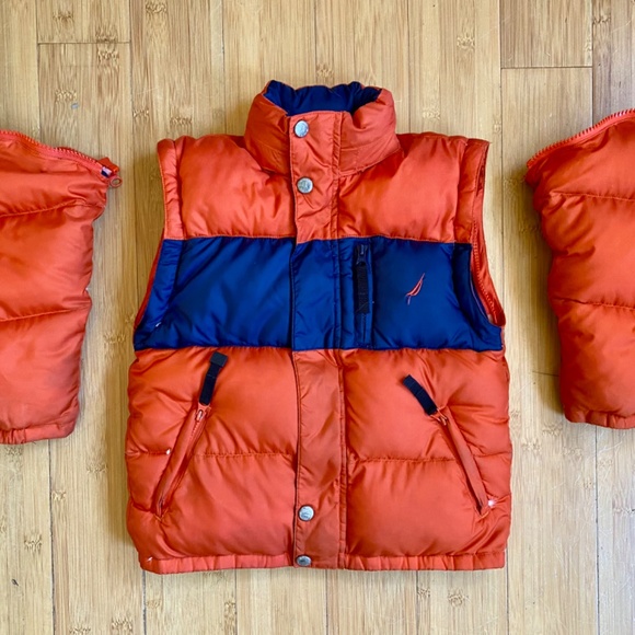 Nautica Puffer Down Jacket Vest Winter Coat Hooded kids size 3 Orange Navy - Picture 6 of 14